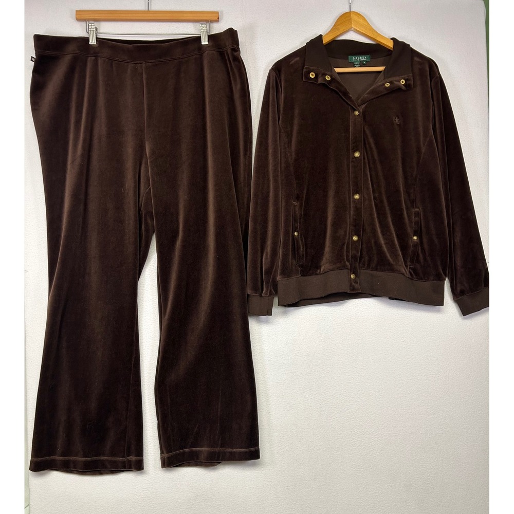 Y2K Athleisure Lauren Ralph Lauren Womens 2X 3X Brown Velour Tracksuit Set